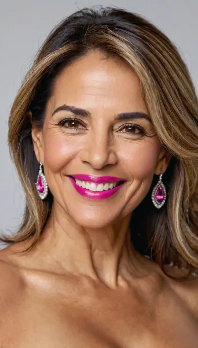 ​A realistic, high-resolution Full body portrait of a charming middle-aged Latin woman with a warm, genuine smile showing her teeth. She has dark brown eyes, well-defined eyebrows, and straight shoulder-length hair in a light brown tone with subtle ash/grey highlights and blonde lowlights. She is wearing bright pink lipstick and subtle, natural makeup. Small silver stud earrings are visible. She is Full naked, big breasts, pierced nipples, big areolas, hairy pussy, High-quality photography, soft flattering lighting, shallow depth of field, plain off-white background, photorealistic, 8k resolution, highly detailed skin texture.