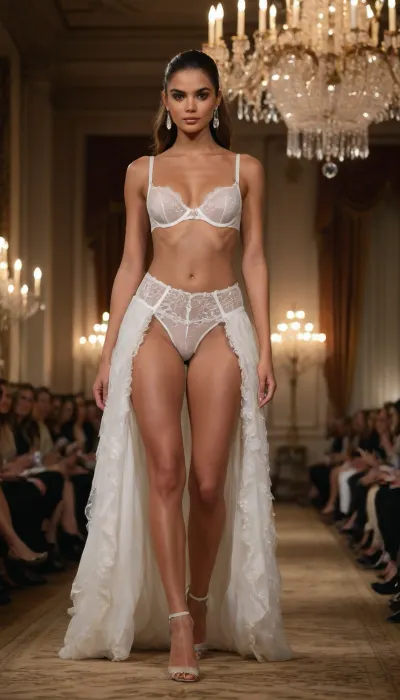 Create an image of a high-fashion runway show set in a grand, opulent ballroom with ornate chandeliers and luxurious decor. The scene captures a lingerie model exuding poise and elegance, striding confidently down the runway. She is dressed in a short, white, see-through crotch-less panties and under-boob bra. features intricate frilly textures, embodying a fusion of modern fashion-forward style and timeless natural elegance. The lighting casts a warm glow, highlighting the model's grace in motion and the luxurious details of her attire. The audience, dressed in sophisticated attire, watches in awe, adding to the royal vibes of the event. The overall mood is one of glamour and sophistication, celebrating beauty and style in a culturally rich and elegant setting.