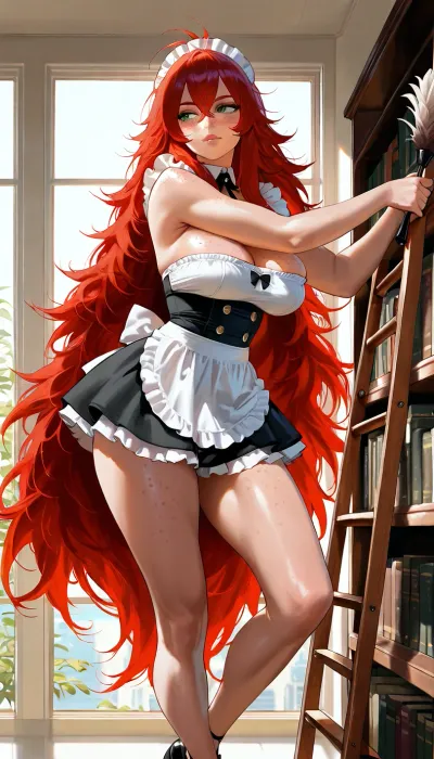 ((photo realistic, masterpiece, high resolution, maximum detail, score_9)), ((solo)), Original character, named Daisy, Latina, 18, petite, toned body, ((narrow face, beautiful face, detailed face)), ((freckles on face, freckles on breasts)), natural light makeup, green eyes, almond shaped eyes, ((excessively long red hair, hyper long red hair, hair goes past her knees)), natural large breasts, ((sexy French maid outfit with feather duster)), ((in an ornate office, climbing a small wooden ladder that is leaning against the bookshelf, she is facing the bookshelf, using the feather duster to clean a high shelf above her, looking towards the shelf)), ((view from behind the women))