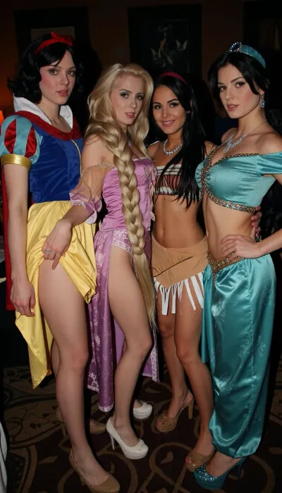 a collection of beautiful young busty women dressed as Disney princesses in their traditional outfits but made shorter tighter and sexier. Wearing High heels. At a party. Dimly lit. Natural realistic faces, hair and skin
There is Snow White, rampunzel, Pocahontas, and jasmine.