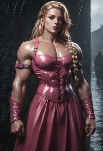 Rain and storm broken by godray from the night-sky, photorealistic drawing, hypermuscular Lagertha wearing a pink viking-princess outfit, pink-leater peaches-costume, 25 years old, muscled androgynous muscle-male, long blonde hair, very tall hourglass-bodyshape, braided hair with braided-bangs, very muscular top, Viking pink-raid in background with burning medieval village at coast, massive muscles, huge hands holding giant realistic doublebladed-battleaxe, (pink leather-corset), ovhatt, bothnd, onehnd, front, view, side, overhead, shimmering skin, reflecting wet floor, <lora:bodybuilder:2>, <lora:dark:.8>, <lora:OverheadAttack.0.9:.8>, <lora:Microwaist_XL_v01:.8>