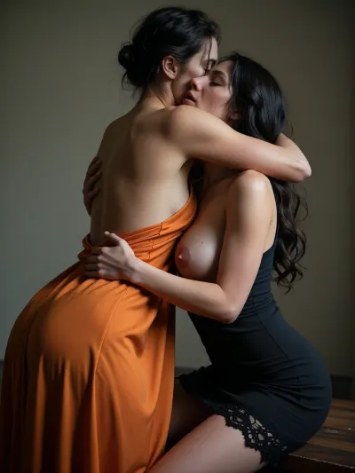 A photorealistic image of two women embracing intimately in a dimly lit room with soft, directional lighting casting gentle highlights on their skin and creating deep shadows along their forms, one woman, seen from behind and slightly above, wears a flowing orange dress that drapes over her hips and curves around her waist, her back arched as she leans forward into the other woman, who is kneeling or crouching in front of her, wearing a dark, form-fitting dress with lace detailing at the hem, both women have full busts with natural breast shapes and sizes visible under their clothing, their skin showing detailed texture including pores and subtle imperfections, the woman in orange has dark hair pulled back loosely, her head tilted down as she kisses or nuzzles the neck of the other woman who has long, wavy dark hair falling over her shoulder, neither woman’s face is fully visible but the one on top appears to have a closed mouth with no teeth showing and eyes slightly narrowed in closeness, their bodies are positioned closely together with arms wrapped around each other — the kneeling woman’s hands grip the waist of the standing woman while the standing woman’s arm encircles the kneeling woman’s back, both women remain fully clothed with no visible nudity or exposed genitalia, clothing covering all skin from neck to knees and thighs, background is a plain wall in muted gray tones, overall mood is sensual and tender with warm color contrast between orange dress and dark fabric against cool neutral backdrop.