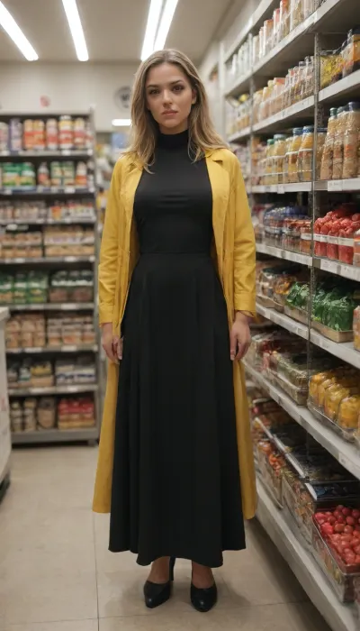 Cinematic art. Spectacular blonde super agent Katya in a tight black dress and a long raincoat stands with the most serious and pretentious expression on her face in the middle of an ordinary supermarket. She holds a yellow discount price tag in her hands. Ordinary naked shopper womans with carts walk around her, with shelves of groceries in the background, bright lights, a comical plot, and high detail.