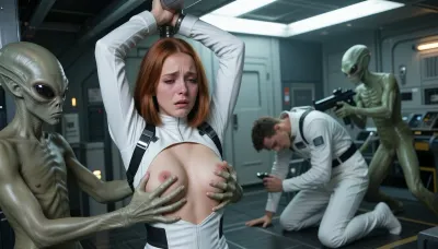 vaisseau spatial à gauche de l'image une jeune héroïne innocente en larmes rousse cheveux au carré debout en tenue de vol blanche moulante futuriste attachée les bras en l'air ligotés au plafond, 2 aliens caressent ses seins et son vagin avec leurs mains leurs doigts sont des ventouses à leur extrémité cadrage hollandais sur la femme, à droite en arrière plan loin de la femme un homme humain dans la même tenue de vol que la femme est à genoux il est prisonnier, (les bras ligotées dans le dos), il a la tête basse il a les cheveux bruns il est triste un autre alien vert est debout à coté de lui le menace avec une arme, (cadrage en pied corps entier prise de vue par canon 5D 28 mm f:6.2), speed 1/3 iso 200 focus sur le visage, photo intimiste un effet très prononcé par l'utilisation d'un filtre optique vissé sur l'objectif qui diffuse la lumière pour adoucir les hautes lumières, réduire légèrement le contraste et créer un halo autour des sources lumineuses rendant l'ambiance poétique et féerique à la scène qui devient presque surnaturelle
