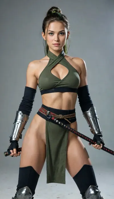 (((a beautiful sweaty fantasy samurai knight woman slashing her katana diagonally in a combat pose, fantasy samurai knight outfit, form-fitting samurai chestpiece, bare shoulders, form-fitting samurai plate-armor greaves, light-weight armored samurai gauntlets, fair skin texture))), mid-day, noon sun lighting, ((beautiful human face, cute straight nose, slender cheeks, heart-shaped face, narrow waist, (clear detailed green eyes, black pulled back ponytail hair))), (fantasy combat pose, feudal Japan battlefield setting), ((sexy expression)), (((high definition face, realistic, extreme details, masterpiece, best quality, 16k, uhd, high resolution, ultra realistic, life-like, megapixel, high definition))), 1girl, solo, looking at viewer, lips, realistic, parted lips, standing, photorealistic