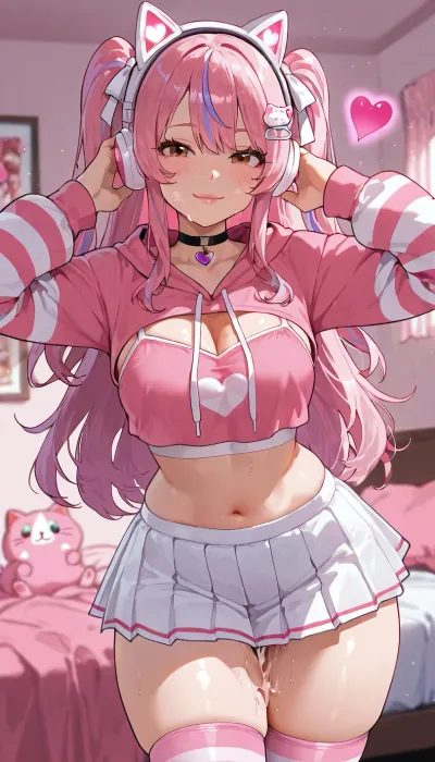 **Prompt, Pink UwU E-Girl — Cute Revealing Fashion, 3D**

An adorable petite adult woman with an ultra-cute kawaii E-girl aesthetic, delicate facial features, a modest bust, huge sparkling brown eyes, rosy cheeks, glossy pink lips, and an innocent, playful expression.

**Hair, ** Extremely long, fluffy pastel-pink hair flowing past her waist, voluminous soft waves, wispy bangs, face-framing strands, and oversized fluffy pink cat-ear headphones.

**Outfit, ** A stylish black-and-pastel-pink cropped top with exposed shoulders, a fitted pink camisole, a short pleated black mini skirt with cute ribbon details, striped thigh-high stockings, long striped arm warmers, a delicate heart choker, and silver kawaii accessories. A cropped oversized pink hoodie worn loosely over her shoulders completes the look. Fashionable cutout details, layered accessories, and realistic fabric textures.

**Expression and details, ** Big glossy eyes, a subtle shy smile, slightly flushed cheeks, realistic skin texture, and beautifully detailed eyelashes. Optional tiny tear trails for a soft, emotional UwU expression.

**Environment, ** A cozy pink gaming bedroom with plush cats, anime posters, glowing heart-shaped LED lights, and lavender neon accents.

**Rendering, ** High-quality semi-realistic 3D character, realistic adult proportions, detailed hair strands, natural fabric folds, cinematic pink-purple lighting, Unreal Engine 5 quality, soft shadows, ambient occlusion, shallow depth of field, premium character design, 4K.


much young, **Style keywords, ** Cute but confident, petite adult E-girl, extra-long pink hair, kawaii streetwear, flirty fashion aesthetic, gothic pastel pink, UwU cat-girl style. Face full of thick cum, hidden sperm threads hanging down from the pussy, clothes full of cum