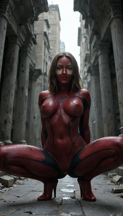 Neo-classical impasto oil painting, low-angle heroic medium shot, Ultimate Jessica Drew, ((Spider-Woman)), costume, athletic build, tense muscular crouch on a weathered gothic architectural ledge, sleek crimson and ochre fabric bodysuit, full fabric face mask, flowing brown hair escaping the mask, deep brown eyes, bimbo breasts, exposed cameltoe pussy, hot squatting, ancient Greek Asclepion temple ruins, dilapidated marble pillars, overgrown ivy, midnight atmosphere, high-contrast chiaroscuro lighting, deep navy shadows, single harsh directional spotlight, distant torchlight flickers, swirling navy mist, deep navy and obsidian color palette, crimson and ochre accents, heavy impasto paint strokes, thick palette-knife ridges, visible canvas grain, thick paint globs, cracked stone textures, weathered marble grain, dynamic diagonal composition, heavy negative space, melancholic dramatic undertone, 35mm anamorphic lens, f/2.8, Kodak Vision3 500T film stock, deep navy and obsidian color grading, micro-textures of woven spandex, macro-textures of crumbling limestone, anatomical tension in calves and thighs, chiaroscuro depth, reminiscent of Caravaggio and Sargent, dramatic recession of shadows, oppressive midnight air, architectural decay, tactile oil paint buildup., Amazingfantasy15, red, and, black, blue, shades, webs, under, the, arms, spider-man, solo, superhero, bodysuit, mask, hotsquat, <lora:checkpoint-e18_s666:.8>, <lora:hotsquatXL_v02:.8>