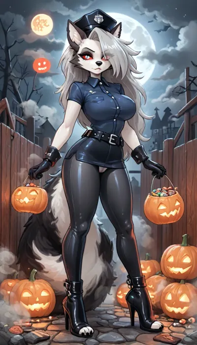 (innv meets jack cayless style), (reiq style, masterpiece, cel-shaded, limited color palette), (((beautiful perfect sexy furry Loona form Helluva boss cartoon body:1.5))), (1girl, solo, alone, 18 year old woman), ((big curves anime body)), ((wolf furry gray skin:1.5)), (gorgeous, seductive face, perfect ads, perfect big breast, muscles body, muscles arms, perfect hands, muscles legs, perfect big ass, sweaty body), (((policewomen hat:1.5), (open wide sexy tight policewoman dress uniform:1.4), (tight neat panties), (tight policewomen gloves:1.3), (tight policewoman leggings:1.4), (police gloves), (police belt with cuffs), (police high heel boots))), (one of her hand holding a Halloween Candy bucket), (standing doing trick or treat pose), (Halloween Candy, ghost, jack o lanterns pumpkins, candy, blood, moon, steam, wood, smoke, sauna background), ultraviolet light, LoL, Style, cute, doodle, <lora:LCMTurboMix_Euler_A_fix:2>, <lora:FF-Halloween-Full:2>, <lora:cutedoodle_XL-000012:2>, <lora:cartoon_stickers_xl_v1:2>
