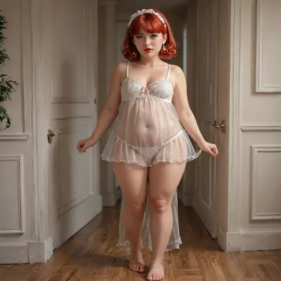 Crossdresser, he is elderly, his face is 45 years old, his face is that of a mature man, he has Russian eyes, red hair, red lips, big penis, he is chubby, He is standing, He has red lips, He is shown in full height, You can see his penis through his underwear, sissy style