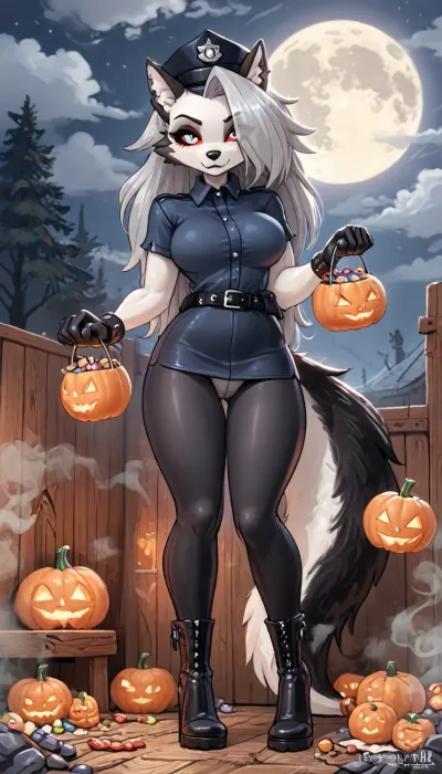 (innv meets jack cayless style), (reiq style, masterpiece, cel-shaded, limited color palette), (((beautiful perfect sexy furry Loona form Helluva boss cartoon body:1.5))), (1girl, solo, alone, 18 year old woman), ((big curves anime body)), ((wolf furry gray skin:1.5)), (gorgeous, seductive face, perfect ads, perfect big breast, muscles body, muscles arms, perfect hands, muscles legs, perfect big ass, sweaty body), (((policewomen hat:1.5), (sexy tight policewoman dress uniform with breast out:1.4), (tight neat panties), (tight policewomen gloves:1.3), (tight policewoman leggings:1.4), (police gloves), (police belt with cuffs), (police high heel boots))), (one of her hand holding a Halloween Candy bucket), (standing doing trick or treat pose), (Halloween Candy, ghost, jack o lanterns pumpkins, candy, blood, moon, steam, wood, smoke, sauna background), ultraviolet light, LoL, Style, cute, doodle, <lora:LCMTurboMix_Euler_A_fix:2>, <lora:FF-Halloween-Full:2>, <lora:cutedoodle_XL-000012:2>, <lora:cartoon_stickers_xl_v1:2>