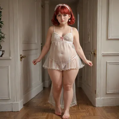 crossdresser, He is elderly. His face is 45 years old, His face is that of a mature man, He has Russian eyes, red hair, He is chubby, He is standing, He is shown in full height, You can see his penis through his underwear, sissy style