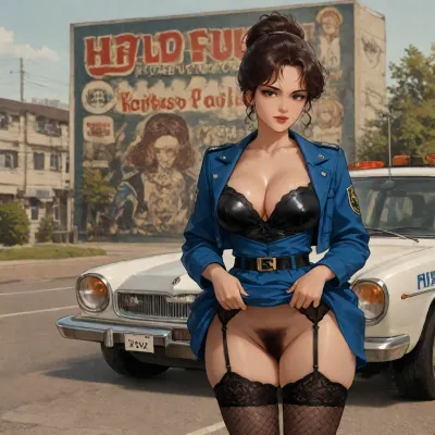 (((1950 pinup style))), standing by a 50's Police car, painted style, outdoors, police uniform jacket open to shox large cleavage, 1950s police uniform short skirt, 1950’s police uniform, windy upskirt, skirt lifted by yhe wind, pantyless, hairy pubis exposed, hairy bush in full view, no underwear, painted, watercolor, black lace stockings and garter belt, Caucasian woman, curly messy ponytail, Ad, Americana, Style, vintage, advertisement, retro, 1950's, 1950s, photography, Movie, Poster, page, h41ry