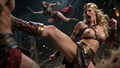 Cinematic film still of a fierce blonde medium tits naked Amazon Warrior Queen screaming in rage, delivering a powerful front kick, sending another persian warrior queen flying backwards through the air, amazon is wearing leather skirt, leather straps, golden diadem, labia piercing, hyper-realistic, dark fantasy illustration style, high-contrast chiaroscuro lighting, gritty film grain, muted desaturated color palette with intense gold and deep crimson accents, flying sweat and dust particles in the air, dramatic slow-motion capture, masterpiece, 8k resolution, photorealistic, directed by Zack Snyder.
worm's eye view, side view