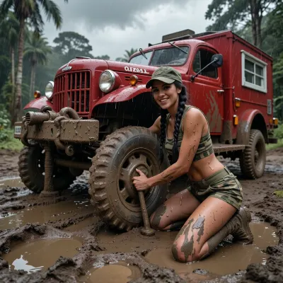 Masterpiece, highest quality, front-lit, illuminated with harsh flash, extremely detailed, high resolution. Wide-angle, frontal view of the subject, full-body shot. Setting, rainforest, an extremely soft, muddy track with 40 cm deep ruts, rain, mud holes, a gray sky with dark clouds, and tall trees in the background.
A 1944 military truck—a Dodge—converted into a camper, it is red, lifted, features large wheels, has a winch on the front bumper, and is heavily caked in mud. The vehicle is propped up on three wheels using a jack, the front right wheel is missing and lies in the mud next to the truck.
A beautiful, 28-year-old, slender, muscular Mexican woman with well-defined muscles in her arms, legs, and abdomen, (six-pack), . She has a perfect, slim physique with long, slender legs and long black hair braided into a ponytail. She is wearing military-style camouflage clothing, a short tank top, short shorts, a peaked cap, and boots. Her skin and clothing are smeared with mud and soaked in sweat, with beads of perspiration visible on her skin.
The woman is kneeling in the mud in front of the wheel hub where the wheel is missing, her hands working on the hub. She has a cheerful expression on her face. Full-body shot. Shot on 35mm film, analog photography, natural light fall-off, soft shadow transitions, slight film grain, fine noise structure, focus not perfectly sharp throughout, uneven sharpness, realistic skin texture with visible pores and subtle color variations—no digital sharpening, no HDR look, organic imperfections, cinematic realism defined by natural light and physical details.