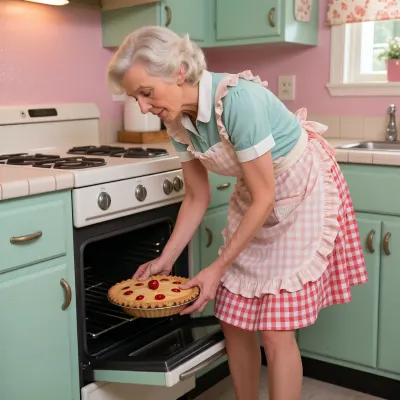 70 yo wrinkled grannay, An image of a vibrant 1950s kitchen, featuring a beautiful American housewife in a frilled apron. She is standing with straight legs and bending over to place a cherry pie inside an open vintage oven, positioned in the centre of the image. The scene is richly coloured, with pastel hues of mint green and soft pink dominating the kitchen decor.Use warm, diffuse lighting to create an inviting atmosphere, accentuating the textures of the gingham fabric of her apron and the glossy finish of the pie. The composition should place the camera behind her. Emphasize a nostalgic, wholesome mood with a realistic, detailed style that captures the warmth and charm of the 1950s.