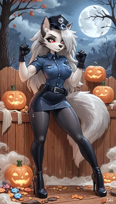 (innv meets jack cayless style), (reiq style, masterpiece, cel-shaded, limited color palette), (((beautiful perfect sexy furry Loona form Helluva boss cartoon body:1.5))), (1girl, solo, alone, 18 year old woman), ((big curves anime body)), ((wolf furry gray skin:1.5)), (gorgeous, seductive face, perfect ads, perfect big breast, muscles body, muscles arms, perfect hands, muscles legs, perfect big ass, sweaty body), (((policewomen hat:1.5), (sexy tight policewoman dress uniform:1.4), (tight policewomen gloves:1.3), (tight policewoman leggings:1.4), (police gloves), (police belt with cuffs), (police high heel boots))), (trick or treat pose), (Halloween Candy, ghost, jack o lanterns pumpkins, candy, blood, moon, steam, wood, smoke, sauna background), ultraviolet light, LoL, Style, cute, doodle, <lora:LCMTurboMix_Euler_A_fix:2>, <lora:FF-Halloween-Full:2>, <lora:cutedoodle_XL-000012:2>, <lora:cartoon_stickers_xl_v1:2>
