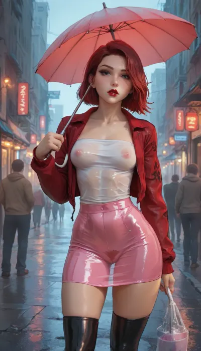 (hypersexual cyberslut, lean stomach, narrow waist and hips, small perky breasts, erect pink nipples, lean and toned thighs, slender frame, glowing wet skin, pale white skin, dark red lipstick, smokey eye shadow, shiny lips like wet latex, high cheekbones, glowing pink cybereyes, straight firey red hair in bobcut, visible machine joints, detailed cybernetic vagina, trim red pubic hair in a landing strip), (submissive, black fishnets, red stillettos, cropped leopard print jacket, clear plastic see-through tube top, upskirt, low-waisted plastic skirt, holding open plastic umbrella with second hand), (city streets at night, bright neon signs, rainy streets, reflections), (Melkor mancin mix cutesexyrobutts style), <lora:Tsune_XL:1.8>, <lora:EnvyPastelAnimeXL01:1.7>, <lora:AshMilkshake_Illustrious_v1:1.8>, incase, style, <lora:Incase_Style__SDXL:.8>