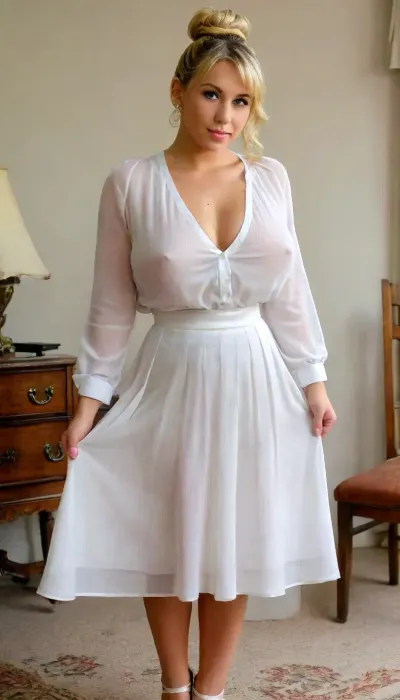 2000's teacher, 27 years old, Colbie Caillat, ((natural, large, plump, full, curvy, cheeky, peaky, saggy, big tits, big:1.5)), ((bum blond bob wiht sexy bun:1.5)), ((high bouffant hairstyle:1.5)), black roots showing on her scalp, braless, ((wearing a white blouse:1.5)), ((pleated silk aline skirt:1.5)), ((very long skirt:1.5)), ((very sheer skirt:1.5)), heals, huge, breasts, massive, puffy, nipples, dark, ghost, wide, full body view, front view, <lora:MJ52:.8>, <lora:bralessSDXL_v1_00022:.5>, <lora:chest_adjust:1.5>, <lora:SDXL_MassiveCowsLoRA_v1:1.5>, <lora:Nipples XL:.8>