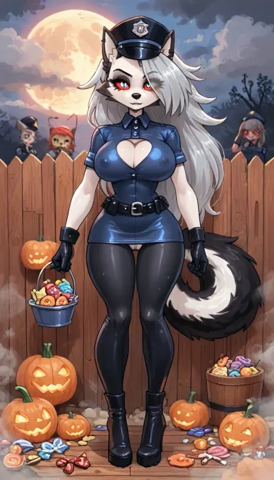 (innv meets jack cayless style), (reiq style, masterpiece, cel-shaded, limited color palette), (((beautiful perfect sexy furry Loona form Helluva boss cartoon body:1.5))), (1girl, solo, alone, 18 year old woman), ((big curves anime body)), ((wolf furry gray skin:1.5)), (gorgeous, seductive face, perfect ads, perfect big breast, muscles body, muscles arms, perfect hands, muscles legs, perfect big ass, dark hard nipples, pubic hair, dark perfect puffy wet pussy, sweaty body), (((policewomen hat:1.5), (sexy tight policewoman dress uniform with breast out:1.4), (tight neat panties), (tight policewomen gloves:1.3), (tight policewoman leggings:1.4), (police gloves), (police belt with cuffs), (police high heel boots))), (one of her hand holding a Halloween Candy bucket), (standing doing trick or treat pose), (Halloween Candy, ghost, jack o lanterns pumpkins, candy, blood, moon, steam, wood, smoke, sauna background), ultraviolet light, LoL, Style, cute, doodle, <lora:LCMTurboMix_Euler_A_fix:2>, <lora:FF-Halloween-Full:2>, <lora:cutedoodle_XL-000012:2>, <lora:cartoon_stickers_xl_v1:2>