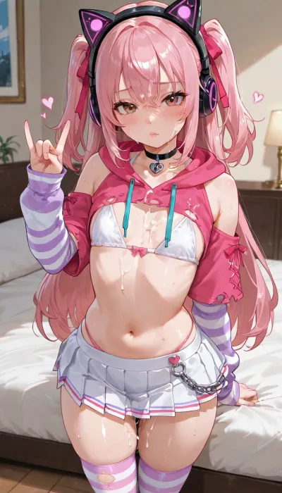 **Prompt, Torn Pink UwU E-Girl — Distressed Gothic 3D Style**

An adorable petite adult woman with an extreme pink UwU E-girl aesthetic, a delicate natural silhouette, and a modest bust. Exceptionally long, fluffy pastel-pink hair flowing past her waist, voluminous soft waves, wispy bangs, and oversized fluffy pink cat-ear headphones.

Huge sparkling brown eyes, dramatic black eyeliner, long eyelashes, rosy cheeks, glossy pink lips, and a cute, slightly melancholic expression.

**Outfit, ** A distressed black-and-pastel-pink cropped hoodie with deliberately torn sleeves, frayed edges, loose threads, distressed fabric panels, and ripped decorative details. A short black pleated mini skirt with distressed hems, decorative safety pins, pink ribbons, and layered chains. Striped arm warmers with small intentional tears, ripped-look thigh-high stockings, a black heart choker, silver jewelry, and cute gothic-kawaii accessories.

The outfit has a bold alternative fashion aesthetic, with stylish cutouts, exposed shoulders, layered fabrics, and a rebellious punk-inspired silhouette. All clothing remains tastefully styled and opaque where appropriate.

**Details, ** Realistic fabric fraying, worn textile fibers, small sweat droplets, slightly tousled pink hair, and a few visible food-sauce stains on the hoodie. Detailed stitching, realistic fabric folds, and cinematic material reflections.

**Pose, ** A playful, confident pose with a slight head tilt, direct eye contact, and expressive cat-like hand gestures.

**Environment, ** A neon-pink gaming bedroom with purple LED lights, plush cats, anime posters, glowing hearts, and a moody alternative aesthetic.

**Rendering, ** Ultra-detailed semi-realistic 3D character, realistic adult facial proportions, individual hair strands, highly detailed distressed fabric, cinematic pink-and-violet lighting, Unreal Engine 5 quality, ambient occlusion, shallow depth of field, premium 4K render.

**Aesthetic keywords, ** Torn kawaii fashion, distressed gothic E-girl, pink punk, long fluffy UwU hair, ripped sleeves, frayed hems, safety-pin accessories, cute rebellious style, cinematic 3D realism.

much young, flat chest tits, bukkake, cum, <lora:MS_Real_XL_Bukkake:.8>, rvcg, girl, boy, penis, <lora:rvcg:.8>