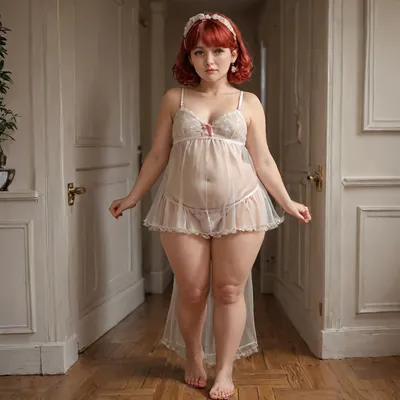 crossdresser, He is elderly. His face is 45 years old, His face is that of a mature man, He has Russian eyes, red hair, He is chubby, He is standing, He is shown in full height, You can see his penis through his underwear, sissy style