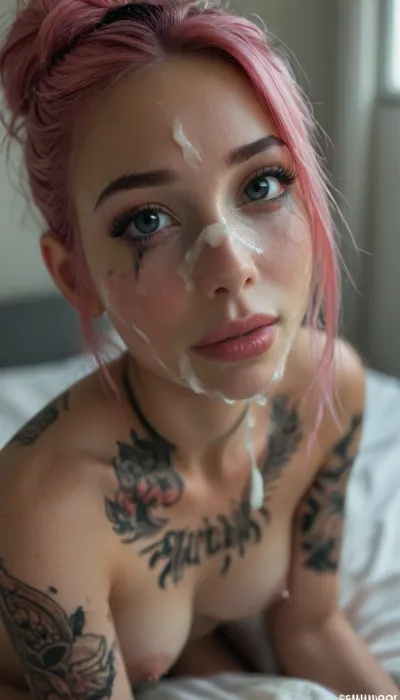 Cinematic still, (18yo woman), submissive, horny, cute, gorgeous, freckles, ((slim:1.4)), ((muscular:1.3)), (black mystical body tattoos:1.5), perfect round breasts, nipple piercing, dark makeup, eyeliner, eyeshadow, mascara, long eyelashes, slim waist, nude, black stockings, black choker, very long pink hair, striking facial features, (greem eyes), smiling eyes, narrow face, wet skin, silver jewelry, on bed in a bright bedroom, (crawling over the viewer:1.5), (((looking directly to the viewer))), (cum on face:1.9), mouth closed, kiss mouth, (ruined makeup:1.2), (ruined hairstyle:1.3), cum on tits, cum dripping, devot, (closeup face:1.7), view from below, 4k epic detail, shot on kodak, 35mm photo, sharp focus, high budget, cinemascope, moody, epic, film grain, grainy, score_9, score_8_up, score_7_up, rating, explicit, big_eyes, but, <lora:style_lora_realis:2>, <lora:BUT_SDXL_SHS:2>, <lora:SDXLHighDetail_v6-000005:2>