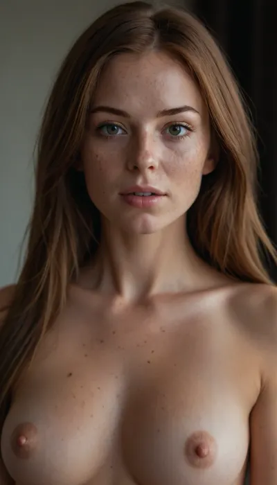 Female pornstar model, naked pussy, perfect lighting, ultra realistic, 8k resolution, ultra detailed, instagram model, professional photography, exposed breasts, Sleek Straight Hair Back, brunette, medium chest, nordic, playful, freckled face, slim body, lifelike face, real face