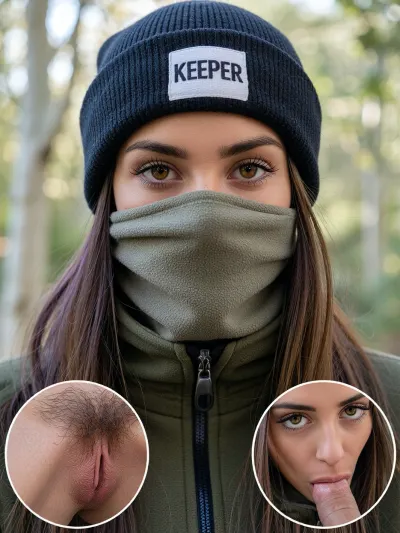 A close-up, eye-level portrait of a woman, with only their eyes and forehead visible. They are wearing a dark navy blue ribbed knit beanie with a white rectangular patch featuring the word "KEEPER" in black text, pulled down to just above the eyebrows. A light olive-grey fleece neck gaiter covers their nose and mouth, creating soft folds. They wear a dark olive green fleece jacket with a visible black zipper. Long, straight brown hair with subtle lighter, possibly purplish, streaks frames the sides of their face. The eyes are a striking light amber-brown, with prominent dark eyebrows and long, defined eyelashes. Reflections of a bright, overcast sky and trees are visible in the irises.

Two circular insets of the same size, one in the left one in the right bottom corner, showing details of the same woman.

In the left bottom corner, there is a circular inset image belonging to the woman, displaying a close-up, detailed, and anatomically correct macro of her vulva with a dense patch of short pubic hair.

In the right bottom corner, displaying her sucking a penis, performing oral sex.

The setting is an outdoor, natural environment, with a softly blurred background of green foliage and light-colored tree trunks, suggesting a forest or wooded area on an overcast day.

Illuminated by soft, diffused natural daylight, creating even lighting across the subject's visible features and clothing, with subtle highlights on the eyes.

Captured with a tight close-up, head-and-shoulders shot, from a straight-on, eye-level perspective. A shallow depth of field isolates the subject, rendering the background smoothly out of focus.

The overall style is photorealistic and candid, conveying an adventurous and slightly mysterious mood. High resolution, ultra-detailed textures on the knit beanie and fleece materials, sharp focus on the eyes, natural color grading, professional photography.