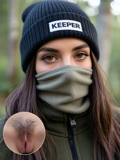 A close-up, eye-level portrait of a person, likely female, with only their eyes and forehead visible. They are wearing a dark navy blue ribbed knit beanie with a white rectangular patch featuring the word "KEEPER" in black text, pulled down to just above the eyebrows. A light olive-grey fleece neck gaiter covers their nose and mouth, creating soft folds. They wear a dark olive green fleece jacket with a visible black zipper. Long, straight brown hair with subtle lighter, possibly purplish, streaks frames the sides of their face. The eyes are a striking light amber-brown, with prominent dark eyebrows and long, defined eyelashes. Reflections of a bright, overcast sky and trees are visible in the irises.


In the left bottom corner, there is a circular inset image belonging to the woman, displaying a close-up, detailed, and anatomically correct macro of her vulva with a dense patch of short pubic hair.

The setting is an outdoor, natural environment, with a softly blurred background of green foliage and light-colored tree trunks, suggesting a forest or wooded area on an overcast day.

Illuminated by soft, diffused natural daylight, creating even lighting across the subject's visible features and clothing, with subtle highlights on the eyes.

Captured with a tight close-up, head-and-shoulders shot, from a straight-on, eye-level perspective. A shallow depth of field isolates the subject, rendering the background smoothly out of focus.

The overall style is photorealistic and candid, conveying an adventurous and slightly mysterious mood. High resolution, ultra-detailed textures on the knit beanie and fleece materials, sharp focus on the eyes, natural color grading, professional photography.