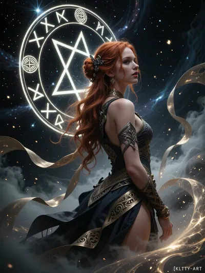 [KTA], (Dark Fantasy Artwork), luminous shadow, artistic, low angle, side view, body, 25yo, belle caucasian redhead female, elaborate hairstyle, intricate clothing, ancient circular runic emblem, glowing white runes, inscribed on a mystical dark celestial background, floating in a cosmic void, surrounded by swirling ethereal nebula clouds and light dust particles, soft volumetric lighting, mysterious atmosphere, germanic mythology aesthetic, intricate runic carvings, glowing white light, dark mood, deep shadows, high contrast, ethereal, mystery, mystical fog, gleaming ghostly gold, epically atmospheric fog, ribbons, natural beauty, [KlTTY-ART]