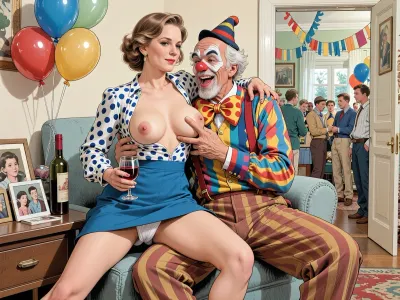 This is a detailed a classical illustrative style depicts a scene set in USSR in 1950s, Anna- very beautiful Russian drunk married woman 40 years old noble light-brown elegant hairstyle, slender, wide hips, her the legs are slightly spread apart, elicate noble facial features, expressive eyes, Anna is dressed in blue skirt a skirt with a raised hem revealing her white panties, and a open polka dot blouse showing her large saggy breasts with tight nipples, Anna is with slightly smile, She is sitting on an ordinary sofa in the living room of a Soviet apartment and hugs of a detailed male clown—50 years old With a mocking laugh —wearing a full clown costume, complete with clown's trousers, a jacket, suspenders, a colorful shirt, an exaggeratedly large bow tie, a red nose, and a tiny hat, who paws her hard, squeezing her tits with his fingers with a mocking laugh. Anna holds the glass with wine in her hand, a bottle of wine and her family photos are on the bedside table next to her.A private party decorated with balloons, streamers, with many neighbors can be seen in the background through the open door.retro, full body view. The overall mood is intense, rendered in fine, expressive line work and subtle shading, evoking the style of 1950s satirical or moralistic illustrations.