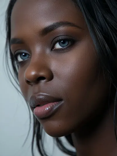 Asia african supermodel with pointy high-nose, dark black skin, (bluegrey eyes), black skinned asian, very pointy-nose