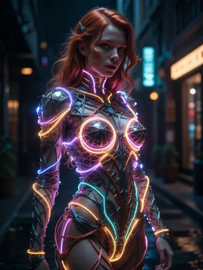 Picture a captivating, dreamlike scene, a glowing, (luminous redhead female figure made of intricately woven multicolored wires:1.5), bathed in the radiant glow of neon lights, standing amidst the darkness of a city street. Describe the intricate details of this extraordinary image, including the subtle nuances of colour, texture, and atmosphere that evoke a sense of enchantment and mysticism around this striking, graceful figure, as if she were a living embodiment of electricity and wonder.