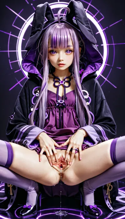 Adult pornstar, adult pornactress doing a porno scene, (p_, (tidoriashi), , , aroused face, full body, clothes pull, wide spread legs, spread pussy, pussy juice drip, ultra skinny:1.2), (Yuzuki Yukari, p_, (tidoriashi), distinctive purple hair, medium-length violet hair with long side locks, layered straight hair, soft bangs partially covering the forehead, a small ahoge strand sticking up from the top of her head, purple eyes, characteristic decorative purple circular hair ornament, fair skin, wearing her iconic outfit, dark purple hooded jacket with long sleeves, oversized rabbit-ear hood, elegant purple dress with a high neckline, black accents, fitted bodice, purple thigh-high stockings, coordinated dark footwear, distinctive futuristic Japanese vocal synth character design, faithful character appearance, highly detailed clothing, intricate fabric details, recognizable Yuzuki Yukari Design, background japanese Fantasy room)