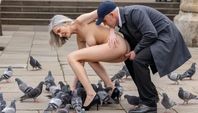 (A 90-year-old woman:1.8), . Her skin is wrinkled. The old lady has gray hair, (small, long, very sagging breasts:1.8), (very detailed skin), . Hair cut in a bob., (Very detailed skin), . An old, wrinkled woman, she is completely naked and wearing black high heels., ((perfect body)), seductive smile, ((high detailed skin)), high quality, detailed skin texture, (highly detailed hair), sharp body, (belly bulge:.8), highly detailed body, (realistic body), ((messy hair like she just got fucked)), insanely detailed, highest quality, Pandeism, mmf, threesome, standing, sex, suspended, congress, boy, sandwich, dp, creampie, multiple, penises, from, behind, anal, masterpiece, best quality, an elderly man wearing a dark grey trench coat, black pants, and a dark cap, bending over to feed a flock of pigeons on a stone-paved square, natural sunlight, soft shadows, outdoor urban setting, old stone steps in the background, realistic photography, highly detailed textures of fabric and feathers, sharp focus, 8k resolution