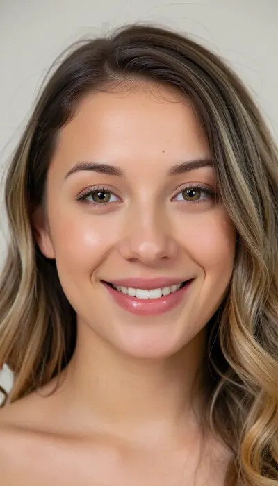 Generate a close-up upper-body portrait of a young, 18-year-old Californian woman. She is a singer-songwriter known for tracks such as "Bubble, " "Falling for You, " "Brighter Than the Sun, " "You Got Me, " "I Do, " "Try, " "Lucky, " and "I Never Told You." She has a soft, slightly oval—ranging from elongated to heart-shaped—face with harmonious, friendly symmetry and contours. Her eyes are hazel to light brown, featuring subtle green-gold facets, they are distinctively almond-shaped. Her nose is relatively narrow, straight, and even, tapering to a slightly rounded tip. She has a wide smile. Her lips are full and evenly curved, with the lower lip appearing slightly fuller than the upper one. Her cheekbones are softly defined. When she smiles, prominent, round "apple cheeks" emerge, giving her a very youthful appearance. Her ears are medium-sized, well-proportioned, and lie flat against the sides of her head. She has a smooth, average-height forehead. Her face is framed by a center part. Her hair is naturally dark blonde with highlights in shades of honey, champagne, and ash blonde, or styled in an ombre effect, the texture is fine to medium, with soft waves and light curls. Naturally, she has light, fine, straight eyebrows. Her mouth is well-proportioned with full lips. She displays a wide, warm, and natural smile. She has softly curved, high cheekbones that lend her face a youthful freshness, especially when she smiles. She has a smooth, medium-high forehead. As a small, distinctive feature, she has a small, elongated, narrow, skin-colored natural birthmark in the center of her forehead, above her nose and eyebrows.