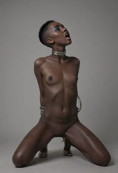 ((full body view, Solo, Tiny slender amazing beautiful 18 year old african black girl, black hair)), ((buzz cut:1.2)), (((black skin:1.8)), shaved pussy, nude, high heels), (((head up, expression of pleasure, open mouth))), (((back view))), ((kneeling upright, spread legs)), (((cheekbones, modern makeup, eyeliner, mascara, eyelashes, big blue eyeshadow))), (tiny tits, short body, small waist, ((hands behind her belly, handcuffs)), ((kneeling upright, showing pussy))), (((her back full of cane marks:1.5))), (((cane scars:1.4))), ((thick golden nipple rings)), makeup, eyeliner, eyelashes, <lora:flat_chested_v3.5:.8>, <lora:Modern_MakeUp_XL_v0_1:1>