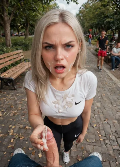 Full body view of a fully clothed woman sitting on a park bench during day, platinum blonde hair, straight hair, long straight hair, (((pov man standing in front of a woman and secretly rubbing his cock with one hand))), several people walking around in the park in the background, he is ejaculating on her face and hair and clothes, cum spilling on her chest and face, ((she is embarrassed, she is looking at his huge ejaculation, disgusted and contemptuous look)), ((excessive cum on the face, cum on the lips, cum on the hands)), (unstoppable ejaculation:1.4), Nike, Pro, Leggings, Shorts, anger, screaming, angry, facialized, superfacialized, <lora:Leggings:1.1>, <lora:polyhedron_angry-000006:.8>, <lora:facialized:1.2>