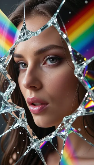 Close-up macro portrait of a gorgeous woman seen through a shattered crystal prism. Each glass fragment refracts a different hyper-saturated color of the rainbow, creating a dazzling kaleidoscopic color explosion effect. Prism lighting, chromatic aberration, ethereal, 8k.