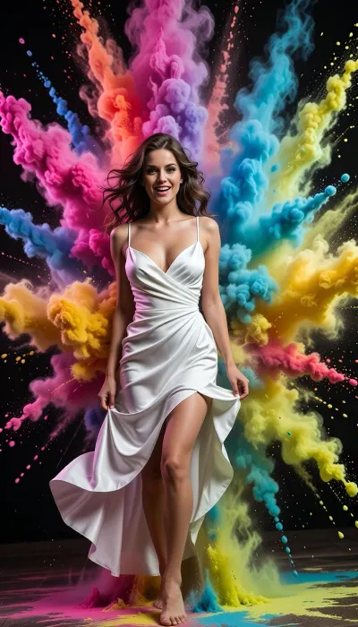 A beautiful joyful woman in a fluid white silk dress standing at the epicenter of a massive explosion of vibrant colored powder. Swirls of neon magenta, electric blue, bright yellow, and lime green dust fill the air. High speed photography, crystal clear details, dynamic motion, ultra-colorful.