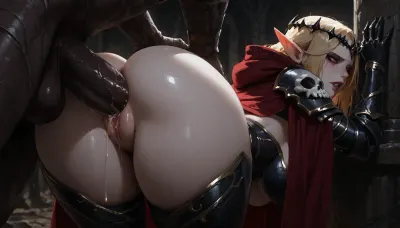 Sylvanas-style undead elf, pale skin, blonde hair, red cloak, revealing dark armor, bent over, Lich King in heavy black skull armor fucking her from behind, thick cock stretching her tight pussy, clear view of penetration, cum dripping, dark fantasy setting, detailed, <lora:Incase_Style__SDXL:.8>, <lora:dark:.8>