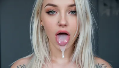 a tall skinny whiteblonde emo girl has her mouth slightly open and completely full of cum, she can barely keep the massive amount of cum inside her mouth, she is incredibly beautiful, she has a very cute narrow face, emo makeup and piercings, full body picture, Canon EOS 5D Mark II, kodak, photo, tattoo, pale, cold, lighting