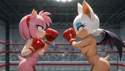 Amy Rose And Rouge the bat from the Sonic the hedgehog, 2 anthro, (Amy Rose and Rouge the bat very accurate faces), (Rouge the bat have her wings), They both are completely nude, in a empty boxing ring, Amy Rose and Rouge the bat are wearing red boxing gloves, Amy Rose and Rouge the bat are standing, Amy Rose and Rouge the bat are fighting against eachother, serious faces, side view, masterpiece, very detailed image, 4k image
