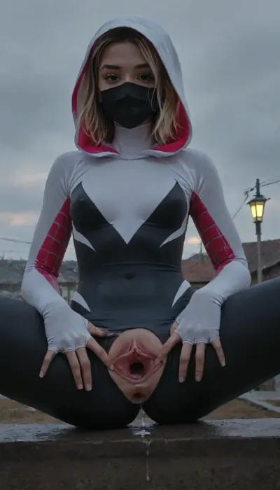 masterpiece, best quality, high resolution, hires, score_9, score_8_up, score_7_up, score_6_up, rooftop setting, dark twilight, dark clouds, (tough and relaxed:1.4), (spider girl Gwen Stacy), (tight outfit), (athletic physique:1.25), (hip gap:1.3), (wide hips:1.3), (clubfoot), (narrow waist), (view from side), (hyper massive ass), wet, (shining tight bodysuit:1.5), bodysuit gloves, 1girl, (huge thighs:1.143), (leg flex:1.3), hood up, (((full spidergirl face mask))), (large spider goggles over eyes), head tilt, (cameltoe), small breast, (high detail facemask), dim ambient streetlights, warm glow, (chiaroscuro lighting:.3), 20 year old girl, photorealism, chested, Ultra detailed RAW color photography, highly detailed, high level of detail, (skinny:1.5), small waist, small hips, tiny ass, round tits, ((perfect fingers, perfect hands, perfect skin)), ((hyper gaping pussy, hyper gaping vagina, maigre, musclé, seins visibles, pussy visibles, big clitoris visibles, seins nus, HDR pussy, hyper spread pussy, doing standing gymnastics, hyper pussy juice dripping:1.2)), (perfect adult body proportions), Real, photorealistic, hi-detaild, 8k, pussy dripping, pussy dripping semen, (spread pussy:1.5), hi-detailed pussy, perfect pussy, <lora:Spider-Gwen:2>, <lora:EnvyBeautyXL02:2>, <lora:mk_Bp Anime_xl:2>, <lora:EnvyAnimeDigitalPaintingXL01:2>, <lora:ratatatat74-000050:2>