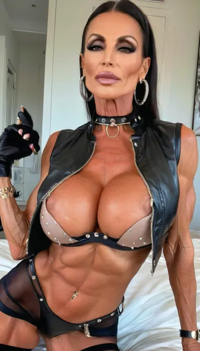 pov on bed, very fit body and muscular skinny, sexy hands, showing off lips, long dress, seductive face, skinny fit, anorexic, close up, (Stripper-inspired, very sexy, mature, trashy, rhinestone-studded bra top, deep cleavage, tiny hot pants, sheer stockings, thigh-high boots, cropped leather jacket, oversized hoops, glossy lips, dramatic smoky eyes), Oscar party, ((55yo old skin woman)), choker, tattoos, sexy neck, (tan skin), (muscle body:1.3), (beautiful brunette bimbo french instagram model face), (fit body), very beautiful, perfect skinny body, perfect face, looking at the camera, perfect eyes, (skinny fit), pretty, snub-nosed, long hair, <lora:clothed_small:1.8>, <lora:ThePitXL:.8>, bmbplora, <lora:bimboxl_02:.8>