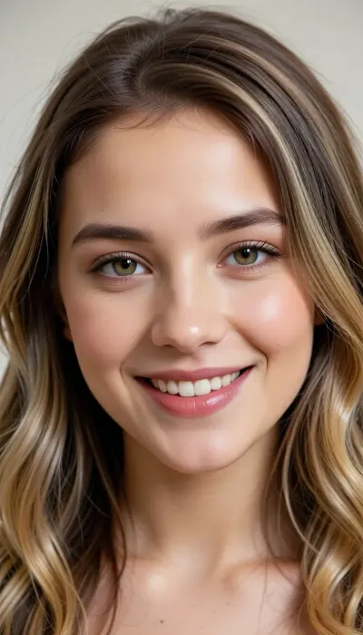 Generate a close-up upper-body portrait of a young, 18-year-old Californian woman. She is a singer-songwriter known for tracks such as "Bubble, " "Falling for You, " "Brighter Than the Sun, " "You Got Me, " "I Do, " "Try, " "Lucky, " and "I Never Told You." She has a soft, slightly oval—ranging from elongated to heart-shaped—face with harmonious, friendly symmetry and contours. Her eyes are hazel to light brown, featuring subtle green-gold facets, they are distinctively almond-shaped. Her nose is relatively narrow, straight, and even, tapering to a slightly rounded tip. She has a wide smile. Her lips are full and evenly curved, with the lower lip appearing slightly fuller than the upper one. Her cheekbones are softly defined. When she smiles, prominent, round "apple cheeks" emerge, giving her a very youthful appearance. Her ears are medium-sized, well-proportioned, and lie flat against the sides of her head. She has a smooth, average-height forehead. Her face is framed by a center part. Her hair is naturally dark blonde with highlights in shades of honey, champagne, and ash blonde, or styled in an ombre effect, the texture is fine to medium, with soft waves and light curls. Naturally, she has light, fine, straight eyebrows. Her mouth is well-proportioned with full lips. She displays a wide, warm, and natural smile. She has softly curved, high cheekbones that lend her face a youthful freshness, especially when she smiles. She has a smooth, medium-high forehead. As a small, distinctive feature, she has a small, elongated, narrow, skin-colored natural birthmark in the center of her forehead, above her nose and eyebrows.
