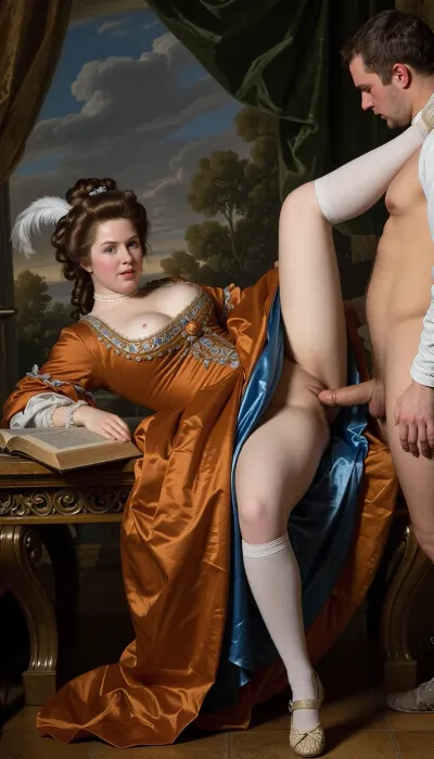 A 35-year-old fatty ugly French aristocrate reading book, open eyes, look at ground, very élégant Pompadours hairstyle, depicted in the style of 18th-century classical painting, she has elegantly styled chestnut hair, she is dressed in very long full royal Dark orange color wool ballgown Versailles dress is fully lined in blue satin lining, white stockings and 1720s-style shoes.women have feather on hairstyle, she lies on the table spread legs, The man stand face off pussy and takes the woman in the missionary position on the table, with her legs raised, his penis is inside her vagina, dress lifted on waist, dick in pussy, visible penetration, vaginal penetration sex, side wiew, long shot pic

In Opera at the day in 1720s