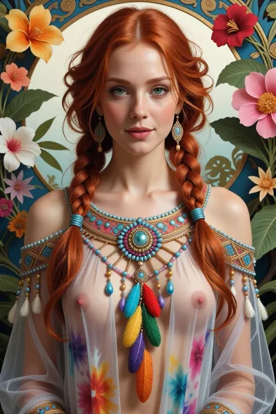 beautiful redhead woman wearing fantastic hand-dyed translucent see though cotton robes, embellished beaded feather decorative fringe knots, colorful pigtail, subtropical flowers and plants, symmetrical face, deep green eyes, intricate, elegant, highly detailed, 8k, digital painting, trending on pinterest, shy smile, harperâs bazaar, concept, art, sharp focus, illustration, Tom Bagshaw, Lawrence Alma-Tadema, Alphonse Mucha