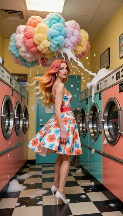A gorgeous woman posing inside an improbable, highly colorful retro 1950s laundromat. Her hair flows in a smooth gradient of coral and sunshine yellow, and her chic vintage dress matches the pattern. The washing machines, checkered floors, and walls are all styled in integrated shades of coral, teal, and yellow. Massive, fluffy, colorful cloud-like foam spills from the machines, floating in mid-air. Vivid but natural tones, authentic retro aesthetic, cinematic focus.