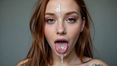a tall skinny dutch ginger emo girl has her mouth slightly open and completely full of cum, she can barely keep the massive amount of cum inside her mouth, cum on forehead and nose, cum in eyes, she is incredibly beautiful, she has a very cute narrow face, emo makeup and piercings, full body picture, Canon EOS 5D Mark II, kodak, photo, tattoo, pale, cold, lighting
